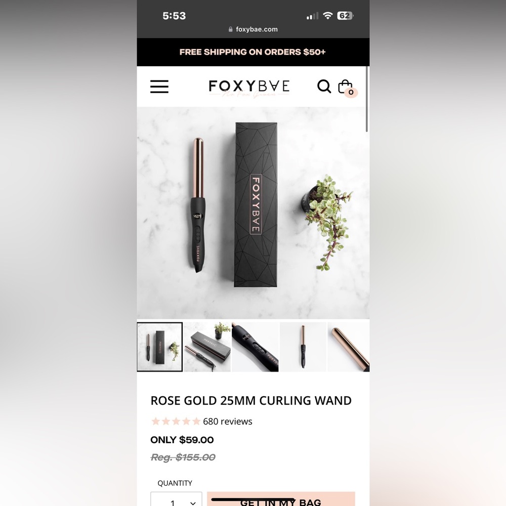 IN ORIGINAL PACKAGING- UNOPENED foxybae rose gold 15mm curling wand